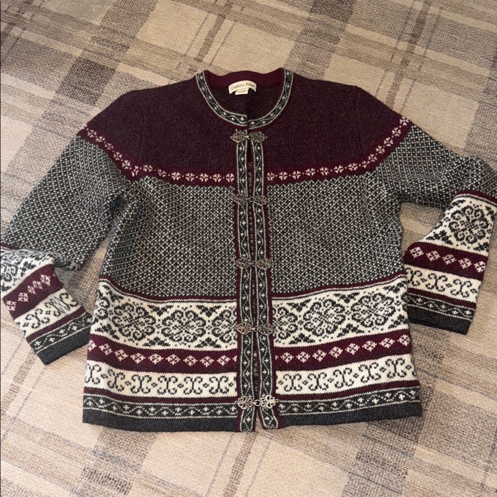 Classic Nordic Knit Cardigan - Maroon , Gray, & Cream